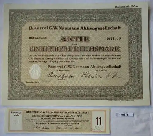 100 Reichsmark Aktie Brauerei C.W. Naumann AG Leipzig 6.Juni 1941 (140675)