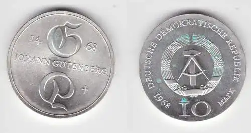 DDR Gedenk Silber Münze 10 Mark Johann Gutenberg 1968 Stempelglanz (151836)
