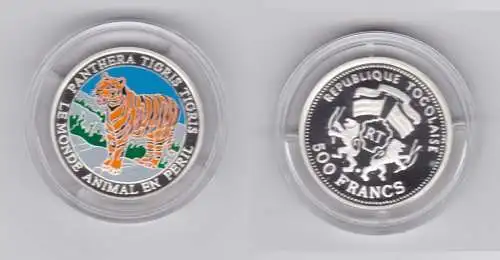 500 Francs Silber Farbmünze Togo 2001 Tiger coloriert koloriert PP (152329)