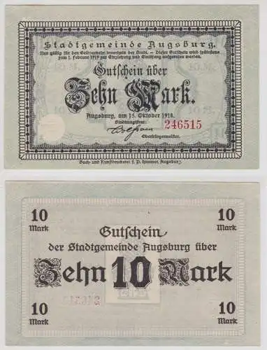 10 Mark Banknote Großnotgeld Stadt Augsburg 15.10.1918 kassenfrisch (140825)