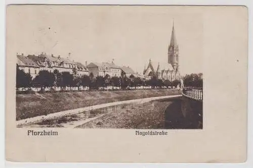 89881 Ak Pforzheim - Nagoldstraße, Straßenansicht mit Flusspartie & Kirche 1912