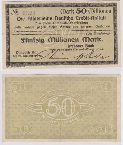 50 Millionen Mark Banknote allg. dt. Credit Anstalt Limbach O.28.9.1923 (133096)