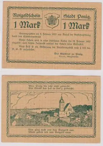 Seltene Banknote Notgeld 1 Mark Stadt Penig 6.2.1922 (131774)