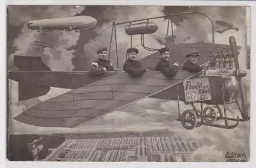 93993 Foto Montage Ak Flucht aus Bitsch im Flugzeug und Zeppelin 1913