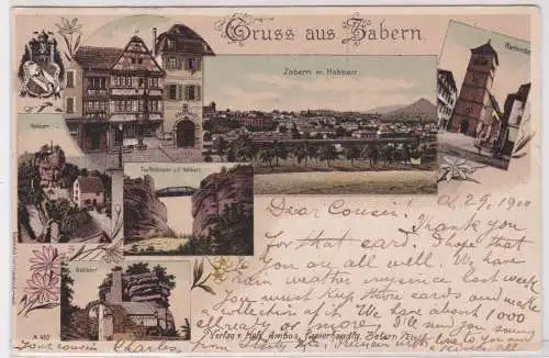 900720 AK Gruss aus Zabern - Pfarrkirche, Stadthaus, Hohbarr, Teufelsbrücke 1900