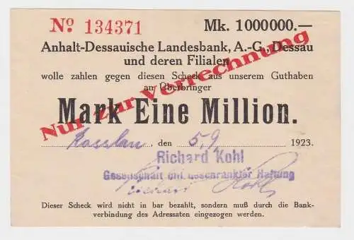 1 Million Mark Banknote Inflation Landesbank Dessau 5.9.1923 (151257)