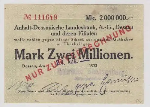 2 Millionen Mark Banknote Inflation Landesbank Dessau 24.8.1923 (150612)