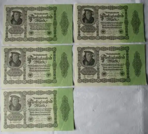 5x 50000 Mark Banknote Berlin 1922 Ro. Nr. 79d fortlaufende Nummer (129401)