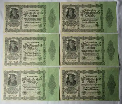 6x 50000 Mark Banknote Berlin 1922 Ro. Nr. 79d fortlaufende Nummer (124812)