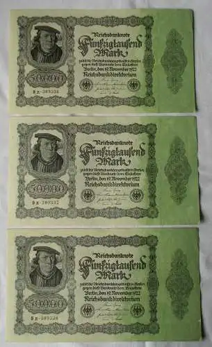 3x 50000 Mark Banknote Berlin 1922 Ro. Nr. 79d fortlaufende Nummer UNC (133833)
