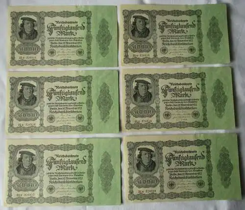 6x 50000 Mark Banknote Berlin 1922 Ro. Nr. 79d fortlaufende Nummer UNC (134204)