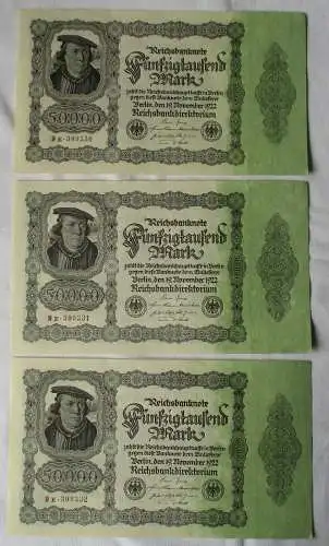 3x 50000 Mark Banknote Berlin 1922 Ro. Nr. 79d fortlaufende Nummer UNC (134747)