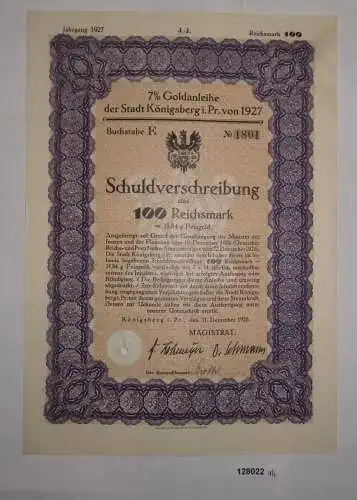 100 Reichsmark Schuldverschreibung Goldanleihe Königsberg Preußen 1927 (128022)
