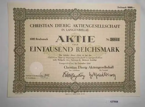 1000 Reichsmark Aktie Christian Dierig AG Langenbielau Dezember 1941 (127808)