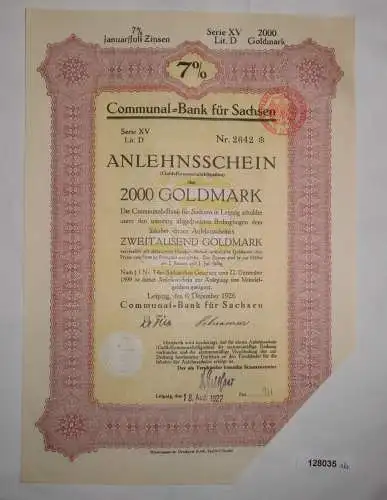 2000 Goldmark Anlehnsschein Communal-Bank für Sachsen 6. Dezember 1926 (128035)