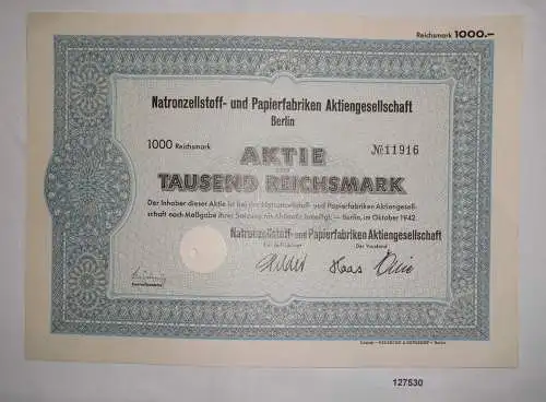 1000 Mark Aktie Natronzellstoff- & Papierfabriken Ag Berlin Okt.1942 (127530)