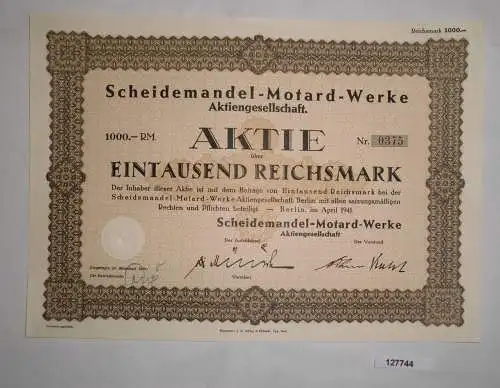 1000 Mark Aktie Scheidemandel Motard Werke AG in Berlin April 1941 (127744)