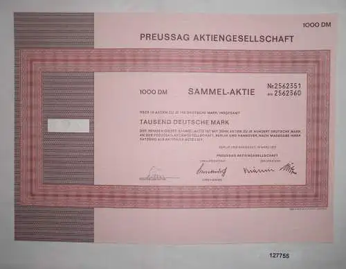 1000 Mark Aktie PREUSSAG AG Berlin  und Hannover März 1970 (127755)