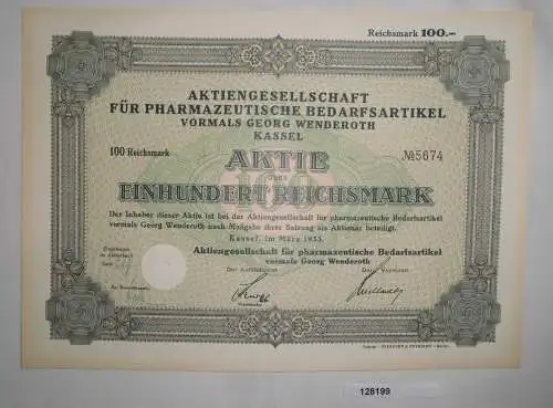 100 Reichsmark Aktie AG für pharmazeutische Bedarfsartikel Kassel 1933 (128199)