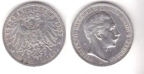 3 Mark Silbermünze Preussen Kaiser Wilhelm II 1909 Jäger 103  (111516)