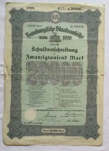 20.000 Mark Aktie Hamburgische Staaatsanleihe Februar 1919 Hamburg (144035)