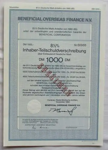 1000 DM Aktie Beneficial Overseas Finance Curaçao 1980 (130920)