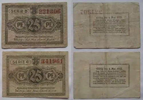 2 x 25 Pfennig Banknoten Notgeld Mecklenburg Schwerin ohne Datum (109155)