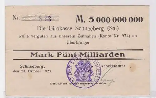 5 Milliarden Mark Banknote Girokasse Schneeberg Arbeitsamt 23.10.1923 (122101)
