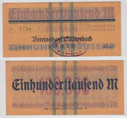 100000 Mark Banknote Inflation Vereinsbank Stützerbach  1923 (136087)