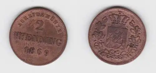 2 Pfennige Kupfer Münze Bayern 1869 ss (138612)