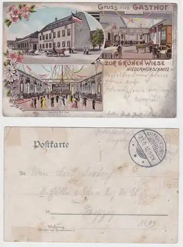 55968 Ak Lithographie Gruß aus Gasthof zur grünen Wiese Niederwürschnitz 1912