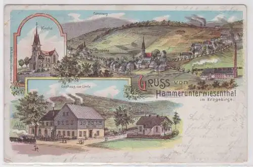 31070 Ak Lithographie Gruß aus Hammerunterwiesenthal im Erzgebirhe Gasthaus 1901