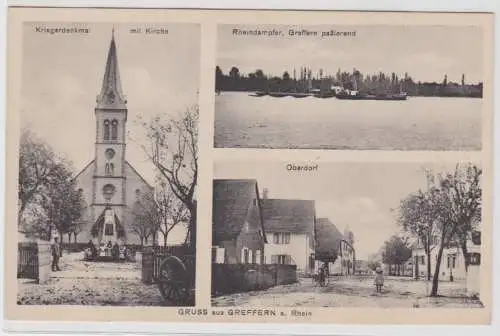 99617 AK Gruss aus Greffern - Kriegerdenkmal mit Kirche, Oberdorf, Rheindampfer