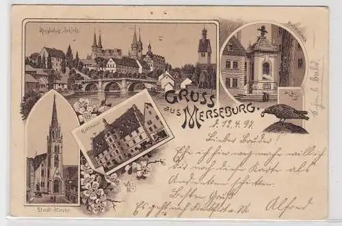 57840 AK Gruss aus Merseburg - Königl. Schloss, Rabenhaus, Rathaus, Kirche 1897
