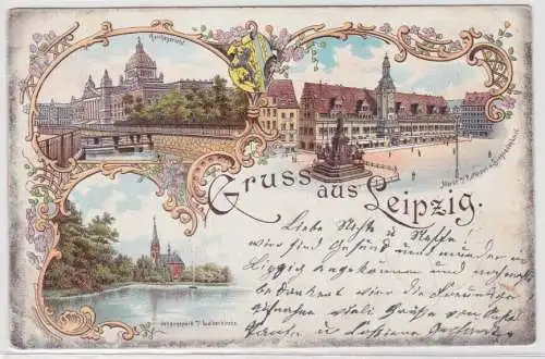 95602 Ak Lithographie Gruß aus Leipzig Reichsgericht, Markt, Johannpark 1899