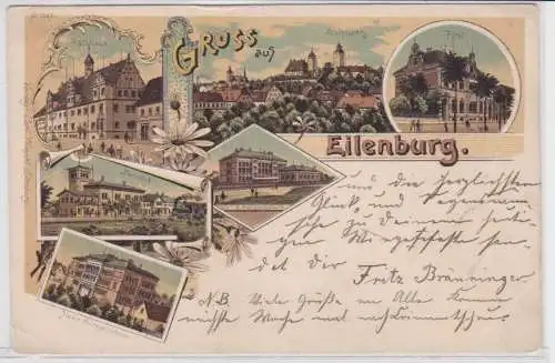96574 Ak Lithographie Gruss aus Eilenburg Bahnhof usw. 1900