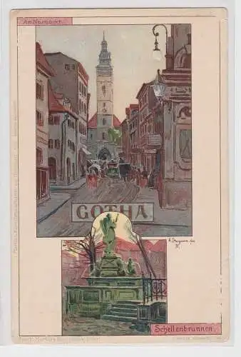 52874 Künstler Ak Gotha am Neumarkt und Schellerbrunnen um 1900