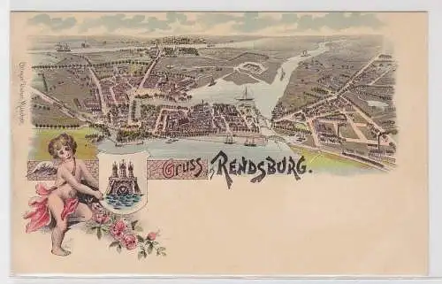 00813 Lithographie Ak Gruss aus Rendsburg - Totalansicht um 1900