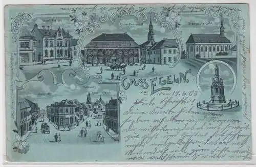 14368 Mondschein AK Gruss aus Egeln - Postamt, Kloster, Kirche, Marktplatz 1903