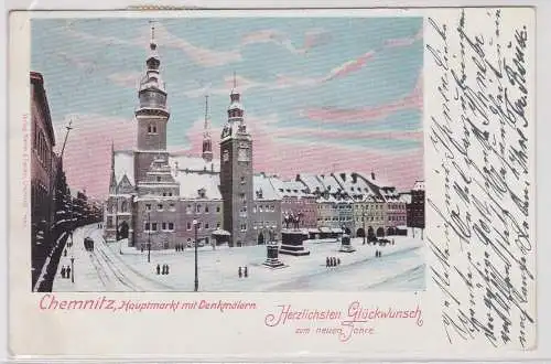 29979 Winter Ak Chemnitz Hauptmarkt mit Denkmälern 1904
