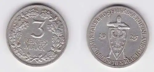 3 Mark Silber Münze 1000 Feier der Rheinlande 1925 A ss/vz (156029)