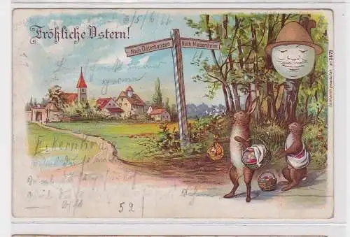 907975 Künstler Ak Fröhliche Ostern! Hasen mit Eiern auf Wanderung 1899