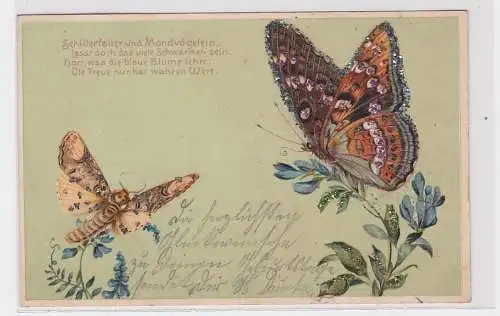 907973 Künstler Ak Reim Schmetterling Schillerfalter & Mondvogel m. Glitzer 1901