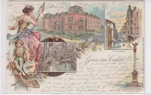 44127 Ak Lithographie Gruß aus Crefeld Krefeld Webeschule usw. 1900