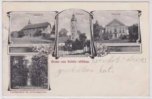 902285 Mehrbild Ak Gruß aus Schön-Wölkau Gasthof, Kirche, Schloß usw. 1910