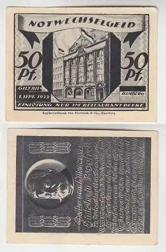 50 Pfennig Notwechselgeld Hamburg Restaurant Deeke 1.9.1922 (115807)