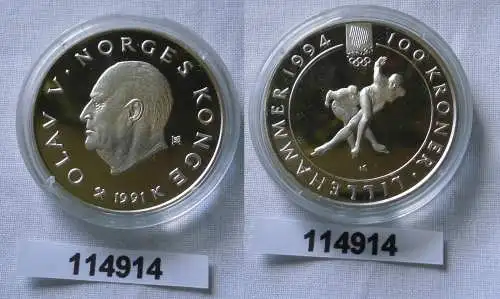 100 Kronen Silber Münze Norwegen Olympiade 1994 Eisschnelllauf 1991 (114914)