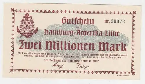 2 Millionen Mark Banknote Hamburg Amerika Linie HAPAG 16.08.1923 (112795)