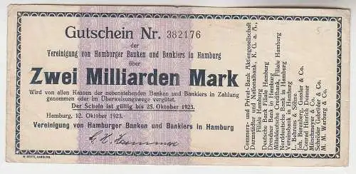2 Milliarden Mark Banknote Vereinigung von Hamburger Banken 25.10.1923 (112923)