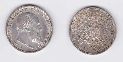 3 Mark Silbermünze Württemberg König Wilhelm II 1909 Jäger 175 (124397)